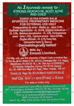 Zandu Ultra Power Balm 8Ml + 1.6Ml Free