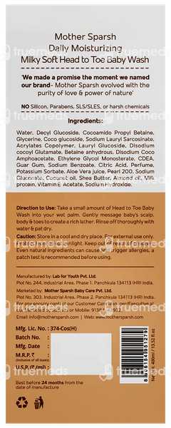 Mother Sparsh Daily Moisturizing Milky Soft Head To Toe Baby Wash 400ml