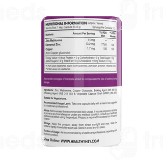 Healthy Hey Nutrition Zinc Methionine + Copper Vegetable Capsule 120