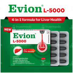 Evion L-5000 |4-in-1 Formula For Liver Health | Hepatoprotection | Anti-oxidant Action 2 Pack Of 15 Capsules Evion L-5000 |4-in-1 Formula For Liver Health | Hepatoprotection | Anti-oxidant Action 2 Pack Of 15 Capsules