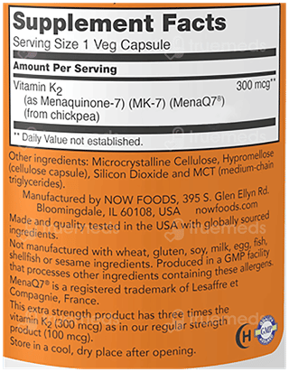 Now Mk 7 Vitamin K 2 Extra Strength 300Mcg Veg Capsule 60