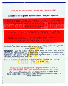 Huminsulin R 100Iu Cartridges 3Ml Pack Of 5 Injections