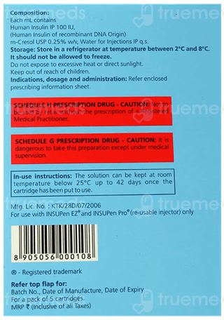Insugen R Refil 100Iu Cartridges 3Ml Pack Of 5 Injections