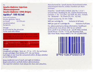 Apidra 100Iu Cartridges 3Ml Pack Of 5 Injections