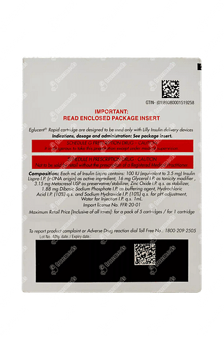 Eglucent Rapid 100iu Cartridges 3ml Pack Of 5 Injections