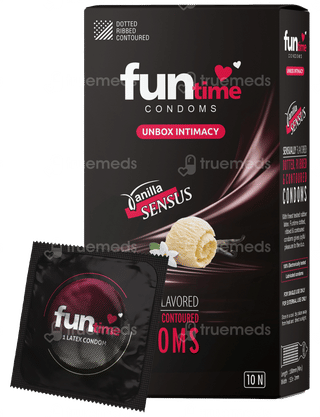 Funtime Dotted Ribbed And Contoured Vanilla Flavour Sensus Condom Pack Of 10