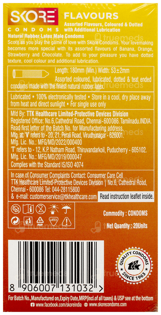 Skore Assorted Flavour With Additional Lubrication 1500+ Dots Condoms 20