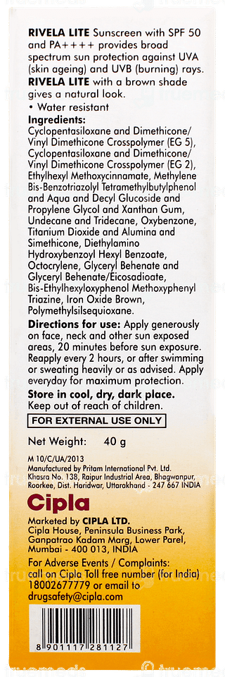 Rivela Lite Bronze Spf 50 Pa++++ Sunscreen 40gm