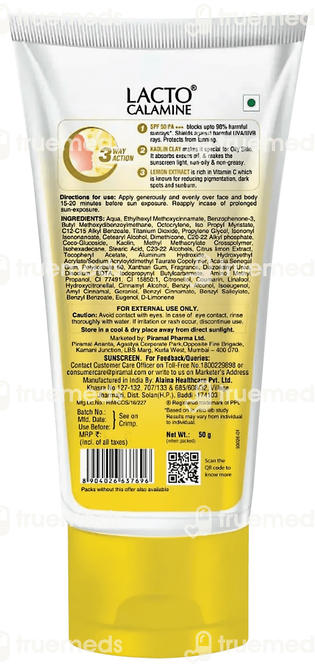 Lacto Calamine Kaolin Clay With Lemon Extract Spf 50 Sunscreen 50gm