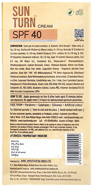 Ayouthveda Sun Turn Spf 40 Pa++++ Cream 60gm