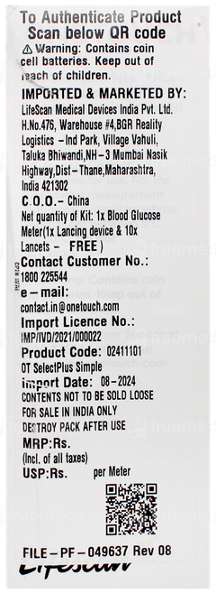 One Touch Select Simple Blood Glucose Monitoring System With 10 Strips Free