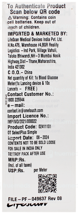 One Touch Select Simple Blood Glucose Monitoring System With 10 Strips Free