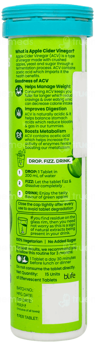 Healthkart Hk Vitals Apple Cider Vinegar 750mg Green Apple Flavour Effervescent Tablet 15