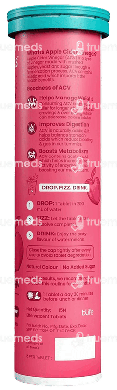 Healthkart Hk Vitals Apple Cider Vinegar 750mg Watermelon Flavour Effervescent Tablet 15