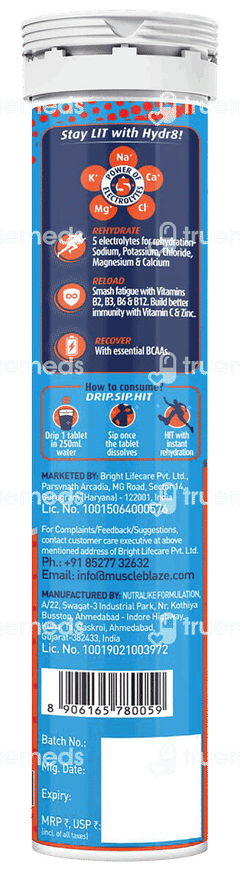 Muscleblaze Mb Fuel One Sports Hydr8 Rehydration Formula Zesty Orange Flavour No Added Sugar Effervescent Tablet 20