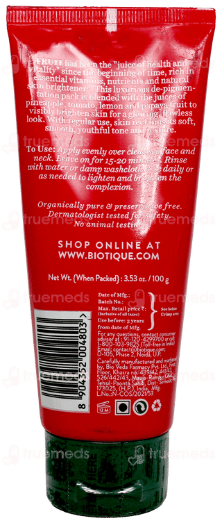 Biotique Fruit Brightening Depigmentation & Tan Removal Face Pack 100Ml