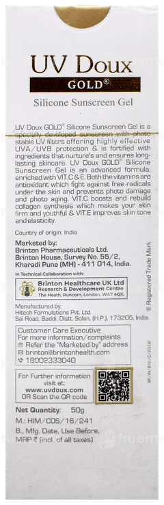 Brinton Uv Doux Gold Spf 50 Pa+++ Silicone Sunscreen Gel 50Gm