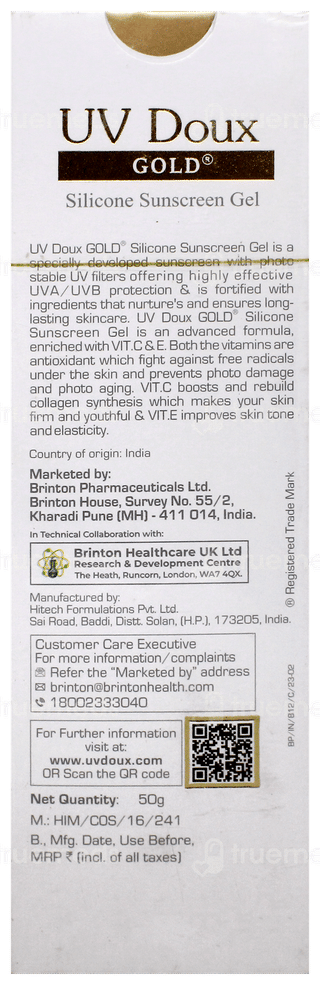 Brinton Uv Doux Gold Spf 50 Pa+++ Silicone Sunscreen Gel 50Gm