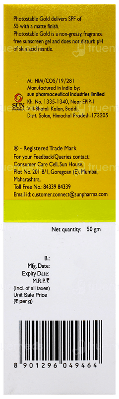 Photostable Gold Spf 55 Pa+++ Matte Finish Sunscreen Gel 50Gm