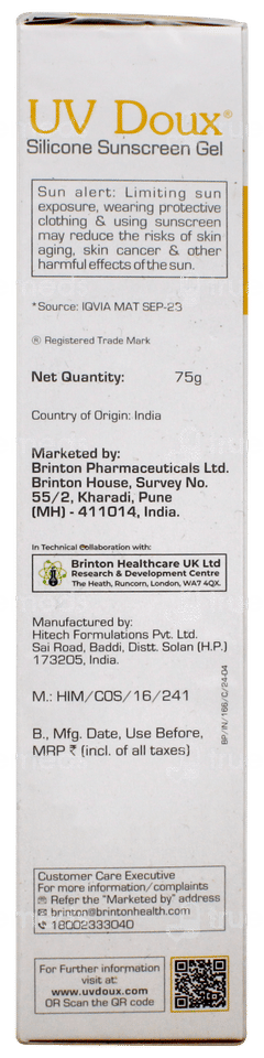 Brinton Uv Doux Spf 50 Pa+++ Silicone Sunscreen Gel 75Gm