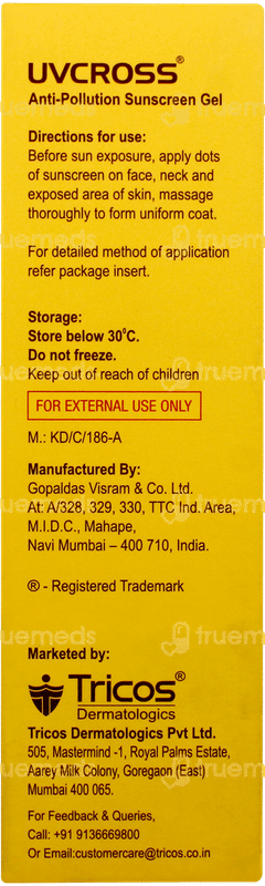 Uvcross Anti Pollution Spf 50+ Pa++++ Sunscreen Gel 50gm