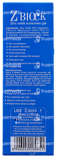 Z Block Uvb Spf 50+ Pa+++ Sunscreen Gel 50ml Z Block Uvb Spf 50+ Pa+++ Sunscreen Gel 50ml