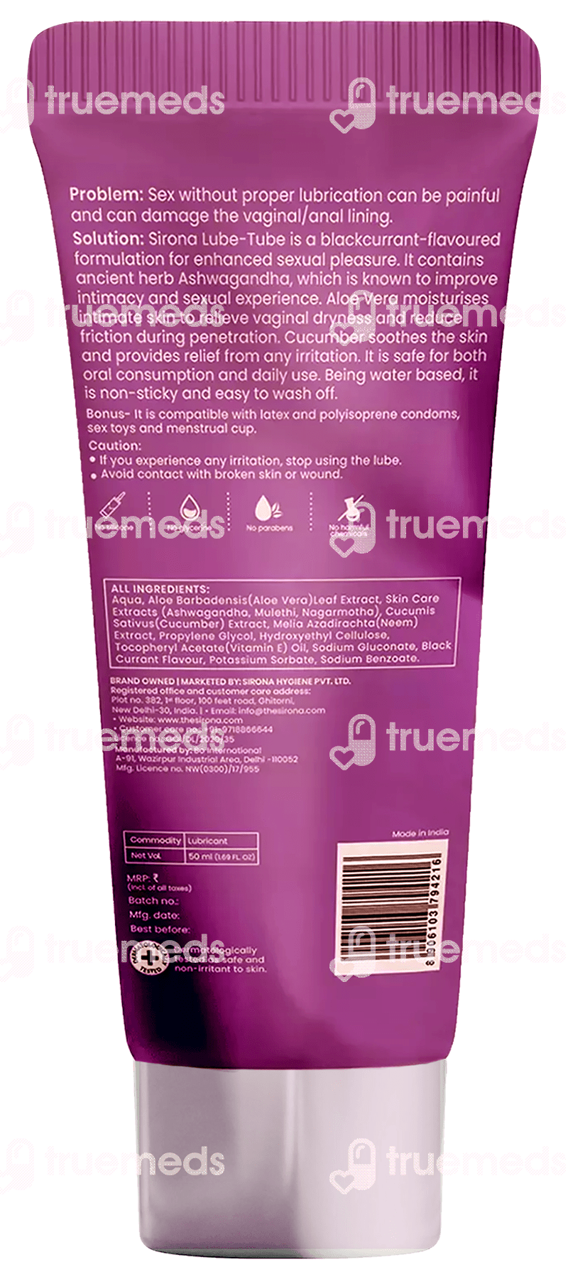 Sirona Moisturising Lube Tube Gel 50 Ml - Uses, Side Effects, Dosage, Price  | Truemeds