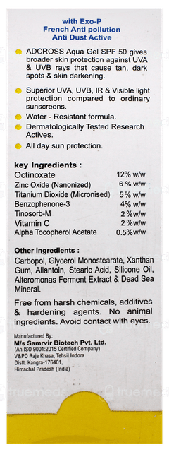 Adcross Aqua Spf 50+ Pa+++ Anti Pollution Sunscreen Gel 75Ml
