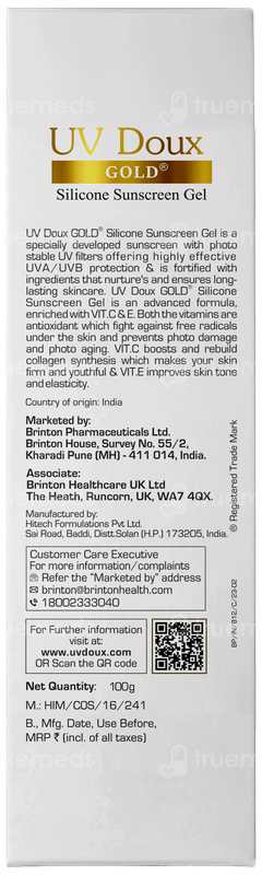 Brinton Uv Doux Gold Spf 50 Pa+++ Silicone Sunscreen Gel 100gm