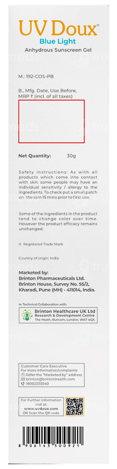 Brinton Uv Doux Blue Light Spf 50 Pa+++ Anhydrous Sunscreen Gel 30gm