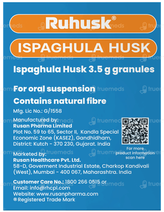 Ruhusk High Fiber Ispaghula Husk Orange Flavour Sugar Free Granules 3.5gm Pack Of 30 Sachets