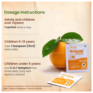 Ruhusk High Fiber Ispaghula Husk Orange Flavour Sugar Free Granules 3.5gm Pack Of 30 Sachets