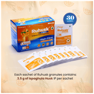 Ruhusk High Fiber Ispaghula Husk Orange Flavour Sugar Free Granules 3.5gm Pack Of 30 Sachets
