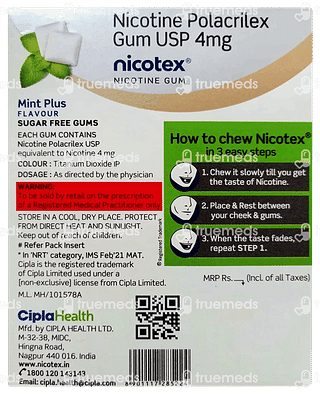 Nicotex 4mg Mint Plus Flavour Sugar Free Nicotine Gum 12