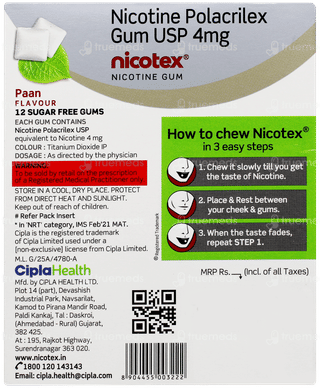 Nicotex 4mg Paan Flavour Sugar Free Nicotine Gums 12