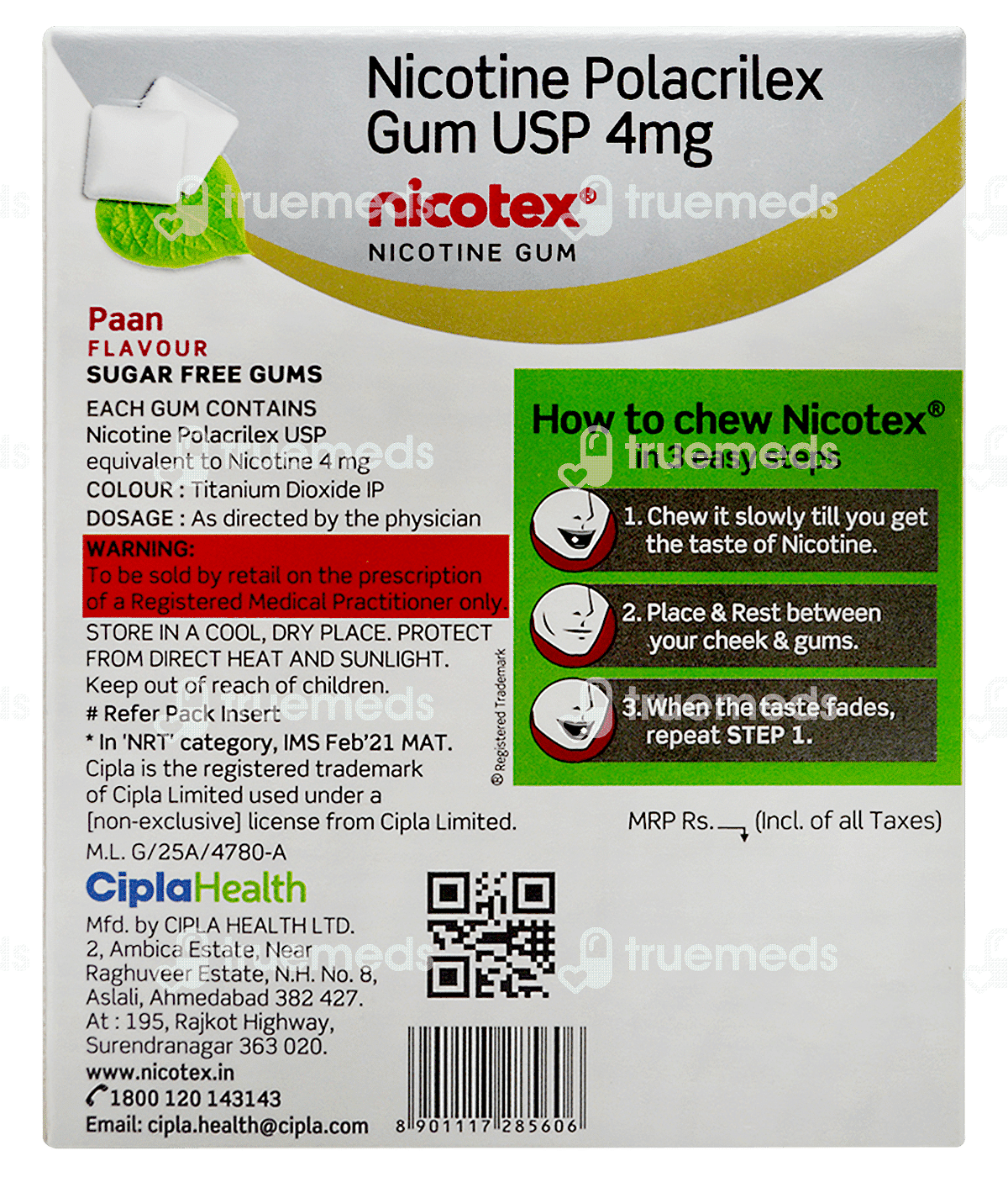 Nicotex Paan 4 Mg Sugar Free Chewing Gum 12 - Uses, Side Effects ...