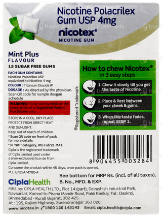 Nicotex 4mg Mint Plus Flavour Sugar Free Nicotine Gums 15