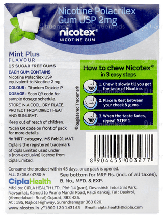 Nicotex 2mg Mint Plus Flavour Sugar Free Nicotine Gums 15