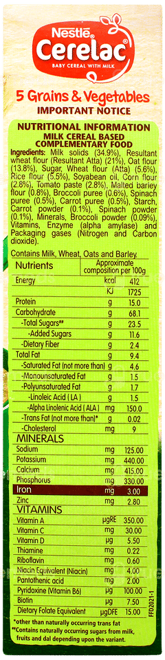 Nestle Cerelac 5 Grains & Vegetables From 18 To 24 Months Baby Cereal 300gm Nestle Cerelac 5 Grains & Vegetables From 18 To 24 Months Baby Cereal 300gm