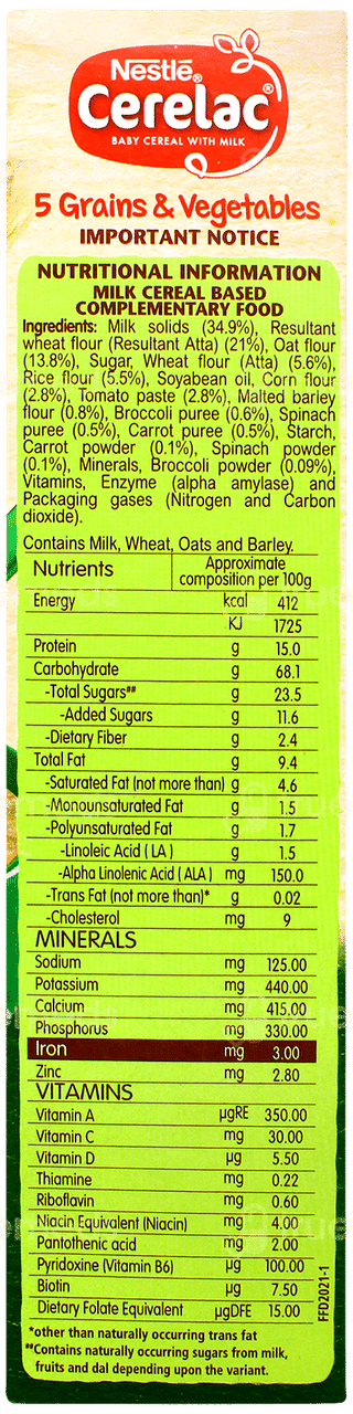 Nestle Cerelac 5 Grains & Vegetables From 18 To 24 Months Baby Cereal 300gm