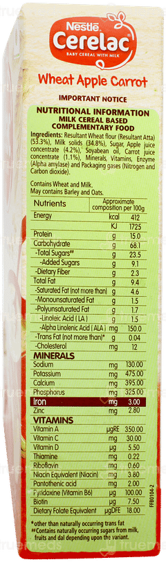 Nestle Cerelac Wheat Apple Carrot From 6 To 24 Months Baby Cereal 300gm