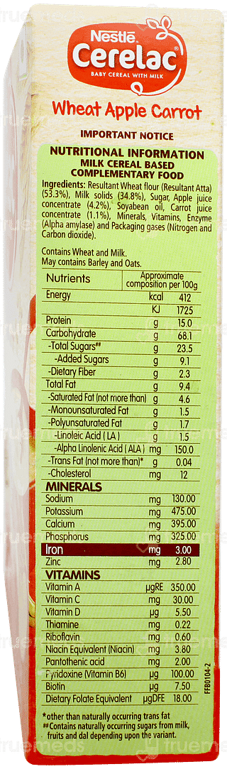 Nestle Cerelac Wheat Apple Carrot From 6 To 24 Months Baby Cereal 300gm