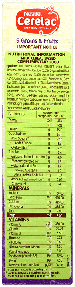 Nestle Cerelac 5 Grains & Fruits From 18 To 24 Months Baby Cereal 300gm