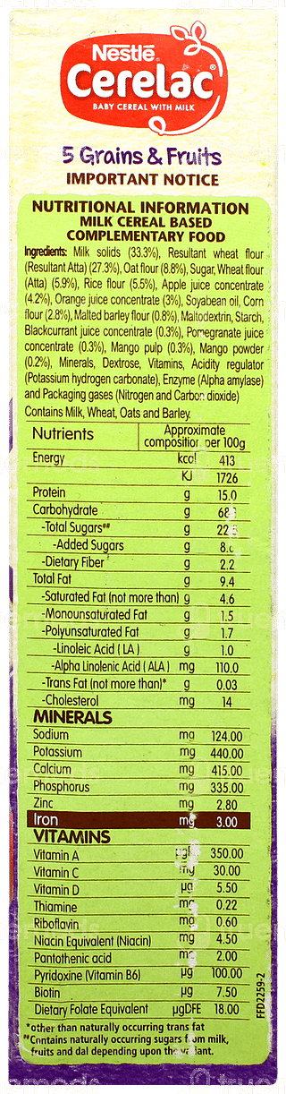 Nestle Cerelac 5 Grains & Fruits 18 To 24 Mounth Baby Cereal 300gm