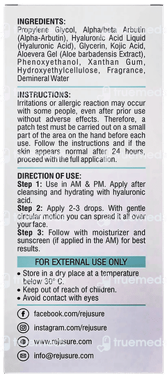 Rejusure 2% Alpha Arbutin + 2% Hyaluronic Acid + 1% Kojic Acid Facial Serum 30ml