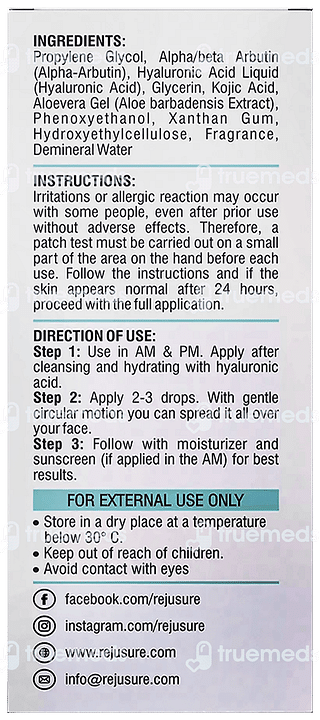 Rejusure 2% Alpha Arbutin + 2% Hyaluronic Acid + 1% Kojic Acid Facial Serum 30ml