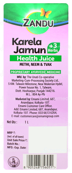 Zandu Karela Jamun +3 Herbs Health Juice 1 L