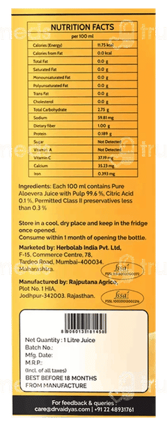 Dr Vaidyas Aloevera Zero Added Sugar Juice 1Litre