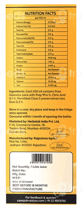 Dr Vaidyas Aloevera Zero Added Sugar Juice 1Litre