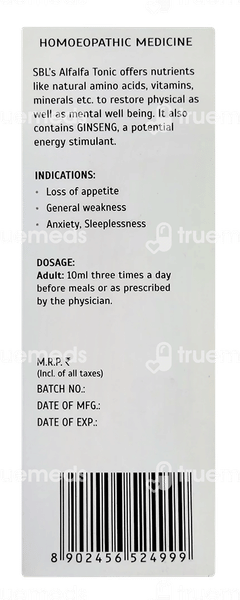 Sbl Alfalfa With Ginseng Sugar Free Tonic 180ml